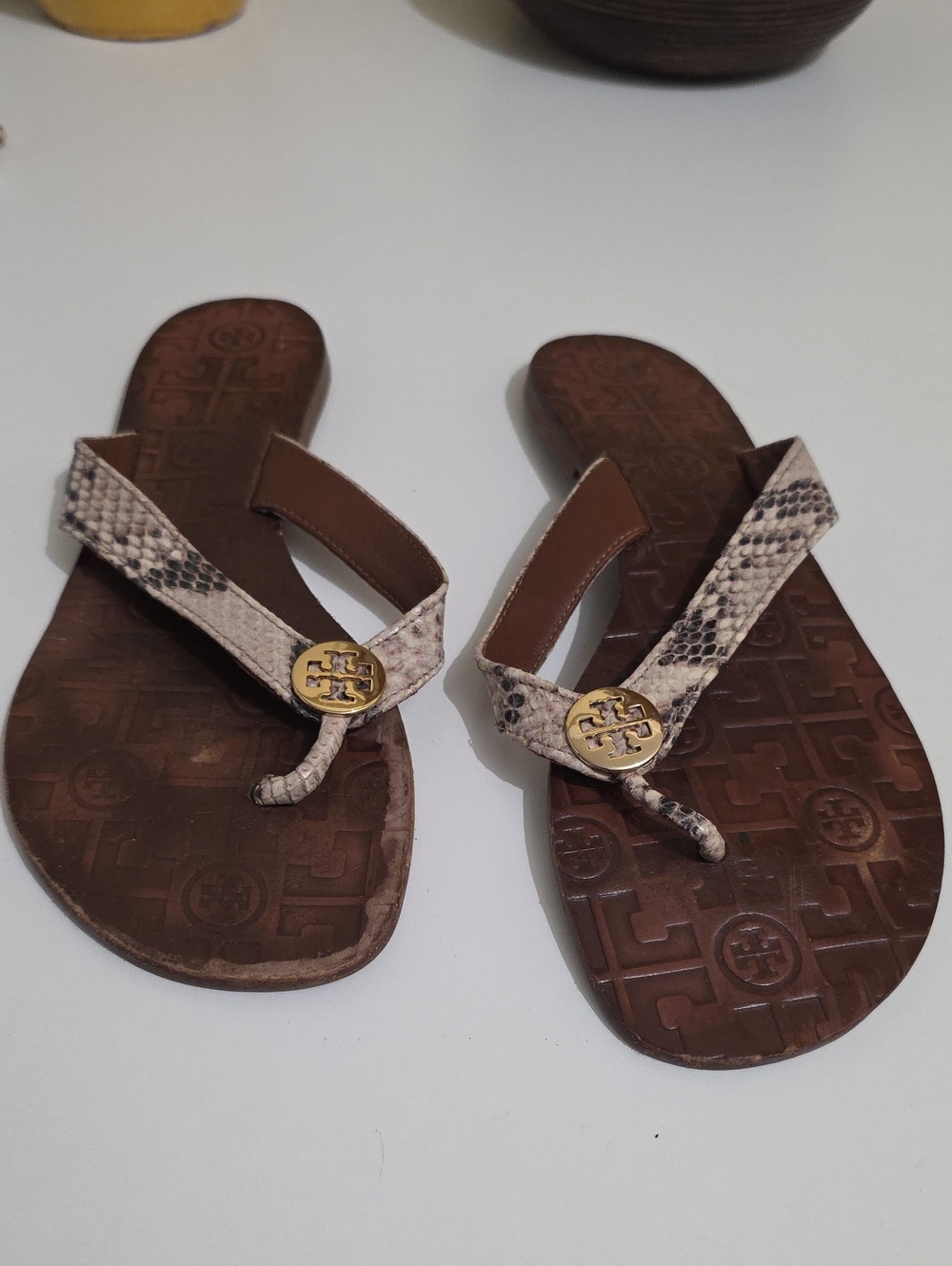 Tory Burch Tan and Brown Snake-Print Thong Sandals with Gold Logo